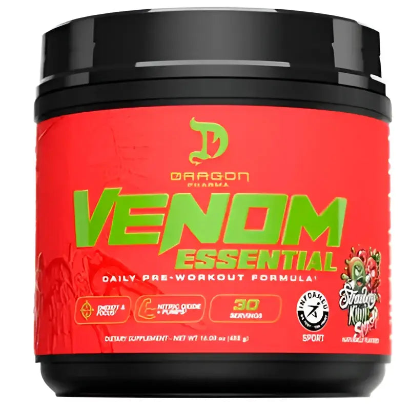 Contenedor rojo y negro de polvo pre entrenamiento dragon pharma venom essential para mejorar el rendimiento deportivo
